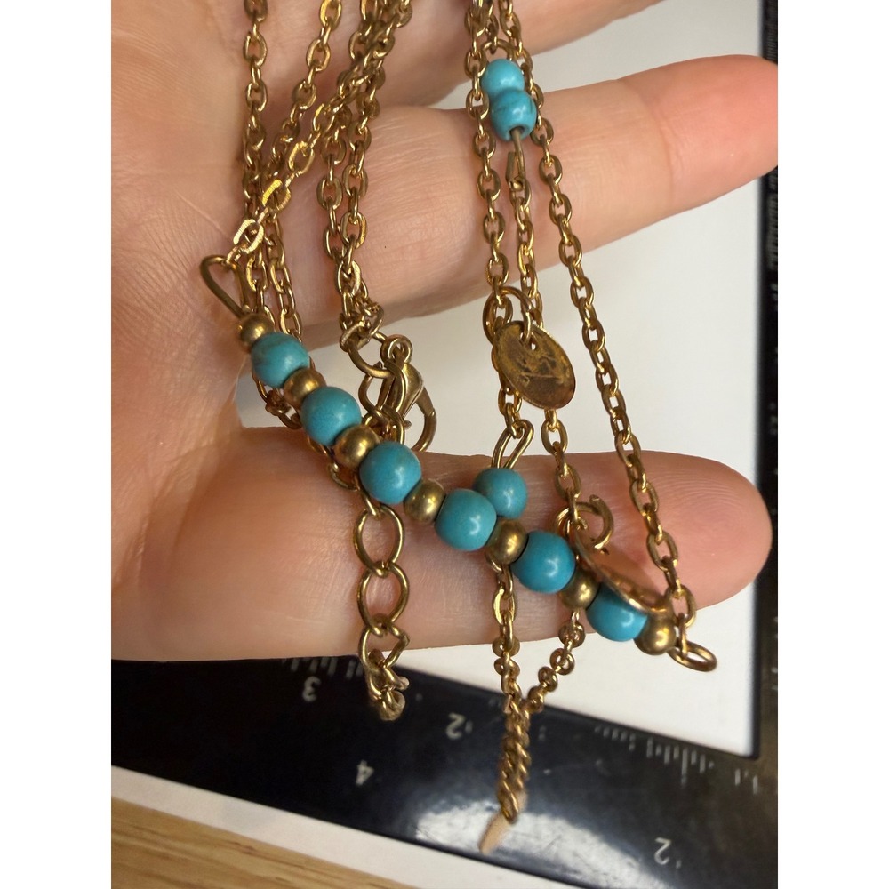 Boho Gold Tone Layered Necklace Turquoise Beads Coin Charms Multi Strand 18 Inch